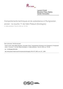 Comportements techniques et de subsistance à l Aurignacien ancien : la couche 11 de l abri Pataud (Dordogne) - article ; n°1 ; vol.45, pg 157-203