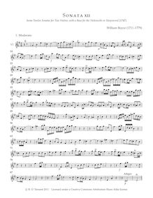 Partition violon 2, 12 sonates pour 2 violons avec a basse pour pour violoncelle ou Harpsicord par William Boyce