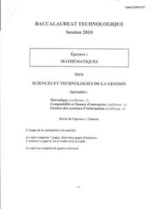 Mathématiques 2010 S.T.G (Comptabilité et Finance des Entreprises) Baccalauréat technologique