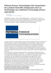 Filtrona Porous Technologies fait l acquisition de Lymtech Scientific élargissant ainsi sa technologie aux matériaux d essuyage poreux spécialisés