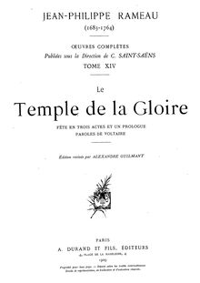 Partition Contents, Le Temple de la Gloire, Opéra-ballet, Rameau, Jean-Philippe