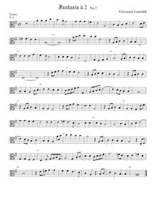 Partition ténor viole de gambe, alto clef, fantaisies pour 2 violes de gambe par Giovanni Giacomo Gastoldi