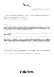 La contrainte budgétaire de l Etat et l  « Optimal Policy Mix » en régime de change fixe et flexible - article ; n°3 ; vol.24, pg 473-504