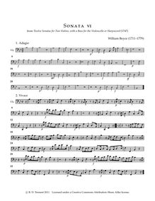 Partition Continuo (violoncelle), 12 sonates pour 2 violons avec a basse pour pour violoncelle ou Harpsicord par William Boyce
