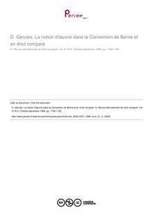 D. Gervais, La notion d œuvre dans la Convention de Berne et en droit comparé - note biblio ; n°4 ; vol.51, pg 1180-1182