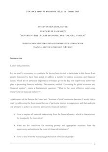 INTERVENTION DE M. NOYER AU COURS DE LA SESSION ”GOVERNING THE GLOBAL  ECONOMIC AND FINANCIAL SYSTEM