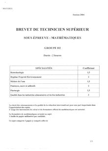 Mathématiques 2004 BTS Qualité dans les industries alimentaires et bio-indus.