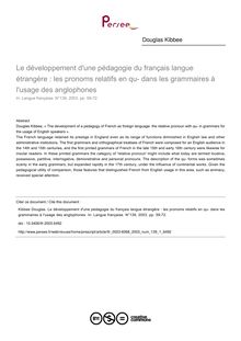 Le développement d une pédagogie du français langue étrangère : les pronoms relatifs en qu- dans les grammaires à l usage des anglophones - article ; n°1 ; vol.139, pg 59-72