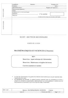 Mathématiques - Sciences physiques 2004 BEP - Bioservices