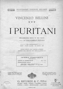 Partition complète, I puritani, Melodramma serio in tre atti, Bellini, Vincenzo par Vincenzo Bellini