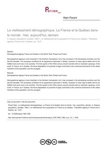 Le vieillissement démographique. La France et le Québec dans le monde : hier, aujourd hui, demain - article ; n°1 ; vol.10, pg 13-27