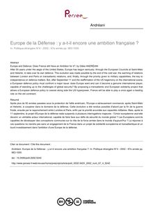 Europe de la Défense : y a-t-il encore une ambition française ? - article ; n°4 ; vol.67, pg 983-1000