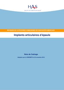 Implants articulaires d’épaule – Note de Cadrage - NC IMPLANTS ARTICULAIRES EPAULE