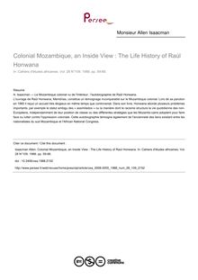 Colonial Mozambique, an Inside View : The Life History of Raúl Honwana - article ; n°109 ; vol.28, pg 59-88