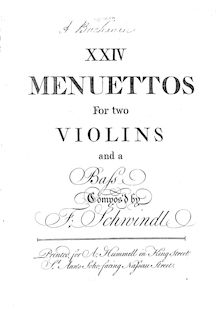 Partition Basso, 24 Menuettos pour 2 violons et a basse, Schwindl, Friedrich
