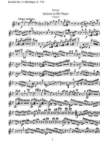 Partition violon I, corde quintette No.1, B♭ major, Mozart, Wolfgang Amadeus