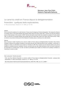 Le canal du crédit en France depuis la déréglementation financière : quelques tests exploratoires.  - article ; n°3 ; vol.47, pg 731-743