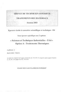 Sciences techniques industrielles 2003 Traitements de surfaces BTS Traitement des matériaux