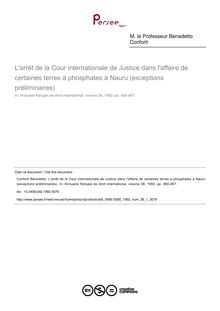 L arrêt de la Cour internationale de Justice dans l affaire de certaines terres à phosphates à Nauru (exceptions préliminaires) - article ; n°1 ; vol.38, pg 460-467