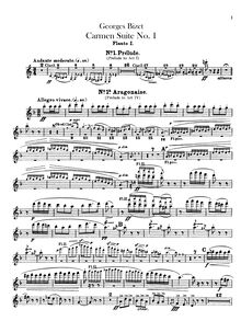 Partition flûte 1, 2 (Doubling Piccolo), Carmen  No.1, Bizet, Georges