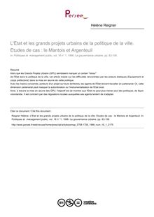 L Etat et les grands projets urbains de la politique de la ville. Etudes de cas : le Mantois et Argenteuil - article ; n°1 ; vol.16, pg 83-106