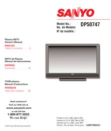 Notice Télévision Sanyo  DP50747