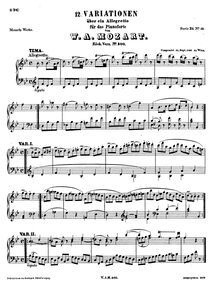 Partition complète, 12 Variations, Variations on an Allegretto, B♭ major par Wolfgang Amadeus Mozart