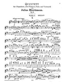 Partition violon 1 , partie, Piano quintette, Op.16, D major, Bleichmann, Julius