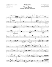 Partition complète, basse clef notation (concert pitch), 3 duos pour clarinette et basson par Ludwig van Beethoven
