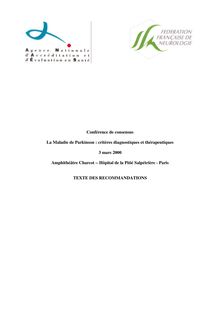 La maladie de Parkinson  critères diagnostiques et thérapeutiques - Parkinson - Consensus 2000 - Recommandations (Version longue)