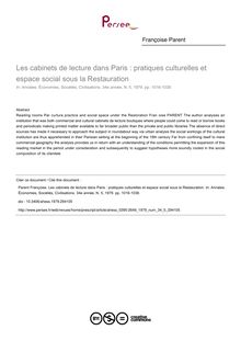Les cabinets de lecture dans Paris : pratiques culturelles et espace social sous la Restauration - article ; n°5 ; vol.34, pg 1016-1038