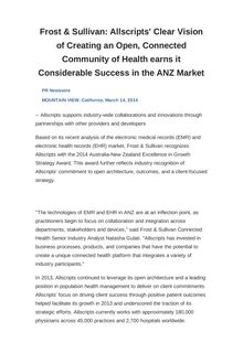 Frost & Sullivan: Allscripts  Clear Vision of Creating an Open, Connected Community of Health earns it Considerable Success in the ANZ Market