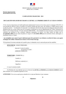 CAMPAGNE DE CHASSE 2010  2011 DECLARATION DES JOURS DE CHASSE AU ...