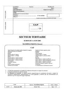 Mathématiques - Sciences 2003 CAP Préparateur de Produits Carnés