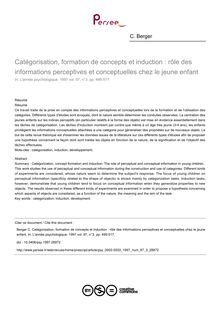 Catégorisation, formation de concepts et induction : rôle des informations perceptives et conceptuelles chez le jeune enfant - article ; n°3 ; vol.97, pg 495-517