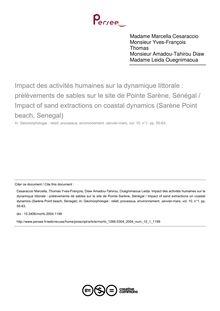 Impact des activités humaines sur la dynamique littorale : prélèvements de sables sur le site de Pointe Sarène, Sénégal / Impact of sand extractions on coastal dynamics (Sarène Point beach, Senegal) - article ; n°1 ; vol.10, pg 55-63