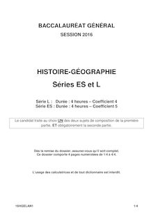 bac 2016 sujet Histoire Géographie ES et L