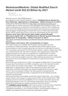 MarketsandMarkets: Global Modified Starch Market worth $15.23 Billion by 2017