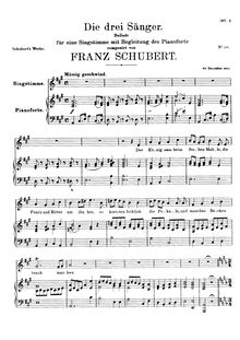 Partition voix + partition de piano, Die drei Sänger (fragment), D.329