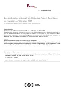 Les apothicaires et la maîtrise d épicerie à Paris. I. Deux listes de réception en 1655 et en 1671 - article ; n°286 ; vol.78, pg 295-302