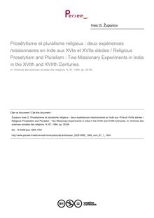 Prosélytisme et pluralisme religieux : deux expériences missionnaires en Inde aux XVIe et XVIIe siècles / Religious Proselytism and Pluralism : Two Missionary Experiments in India in the XVIth and XVIIth Centuries. - article ; n°1 ; vol.87, pg 35-56