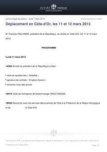 Communiqué de presse - François Hollande - Déplacement en Côte-d Or 11-12/03/2013