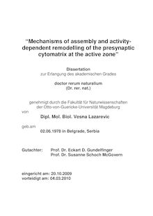 Mechanisms of assembly and activity dependent remodelling of the presynaptic cytomatrix at the active zone [Elektronische Ressource] / von Vesna Lazarevic