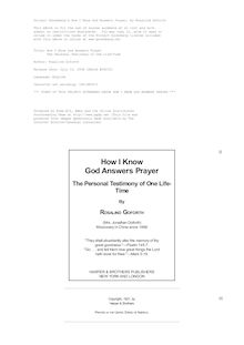 How I Know God Answers Prayer - The Personal Testimony of One Life-Time