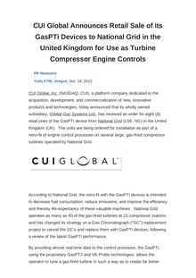 CUI Global Announces Retail Sale of its GasPTi Devices to National Grid in the United Kingdom for Use as Turbine Compressor Engine Controls