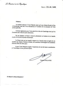 Lettre de François Hollande à Sa Majesté la Reine Elisabeth II à l occasion de la naissance de son arrière-petit-fils