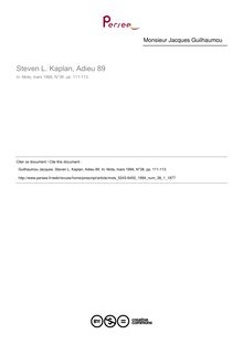 Steven L. Kaplan, Adieu 89  ; n°1 ; vol.38, pg 111-113