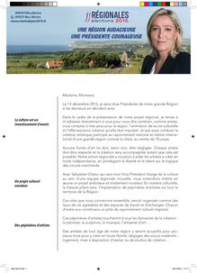 Régionales 2015 : lettre ouverte de Marine Le Pen aux artistes