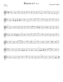 Partition ténor viole de gambe 2 (octave aigu clef), Intavolature de lauto, madrigali e ricercare par Vincenzo Galilei