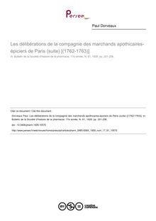 Les délibérations de la compagnie des marchands apothicaires-épiciers de Paris (suite) [(1762-1763)] - article ; n°61 ; vol.17, pg 201-206